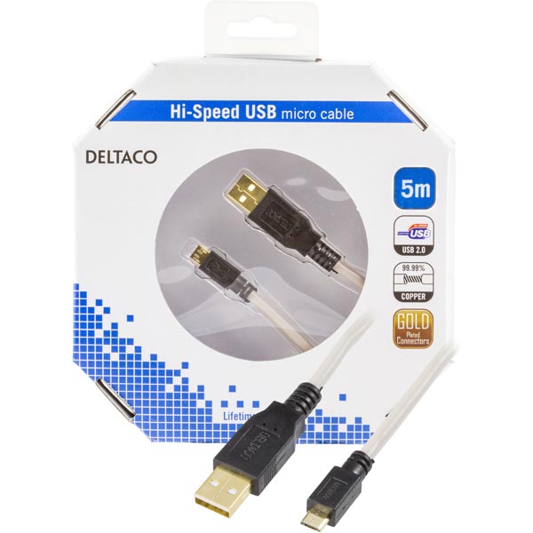 Deltaco USB 2.0 kaapeli A uros - Micro B uros, 5m, kullattu
